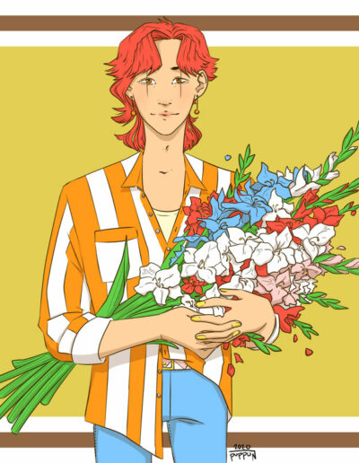 Fan ilustration of Noriaki Kakyoin from JJBA, holding a bouquet of flowers against a simple background.