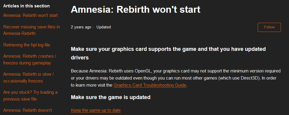 Support site for Amnesia: Rebirth