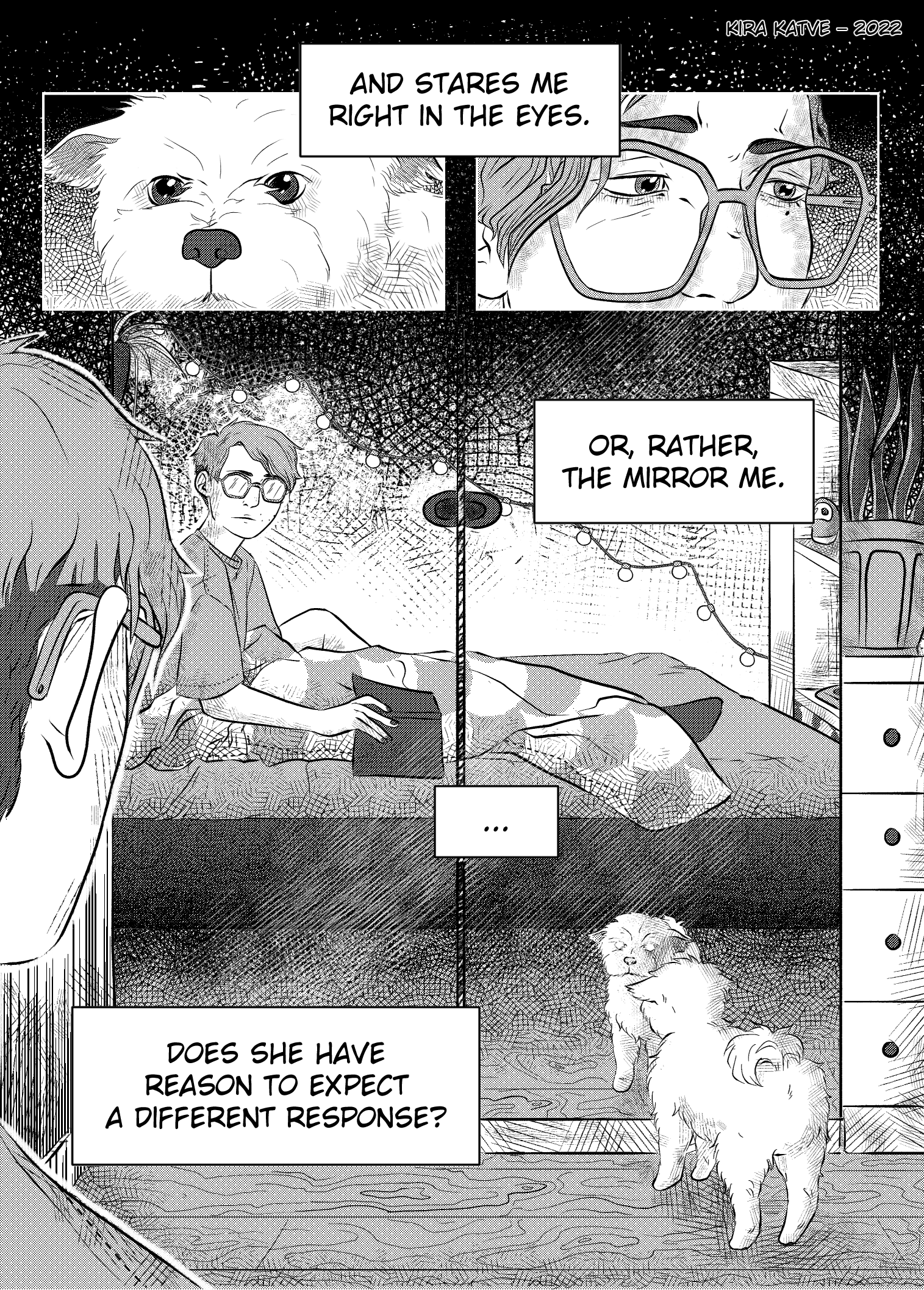 Reflection Deflection page 2. Box 1: "...and stares me right in the eyes." Kira and Pumpuli stare at each other. Box 2: "Or, rather, the mirror me." Kira looks at themselves through the mirror with a blank expression. Pumpuli is looking too, with eyes glowing in the dark. Boxes 3 and 4: "Does she have reason to expect a different response?"