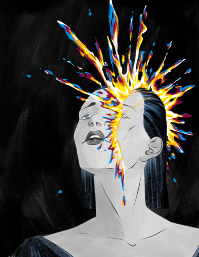 Drawing of a blast coming out of a suffering woman's head, depicting migraine.